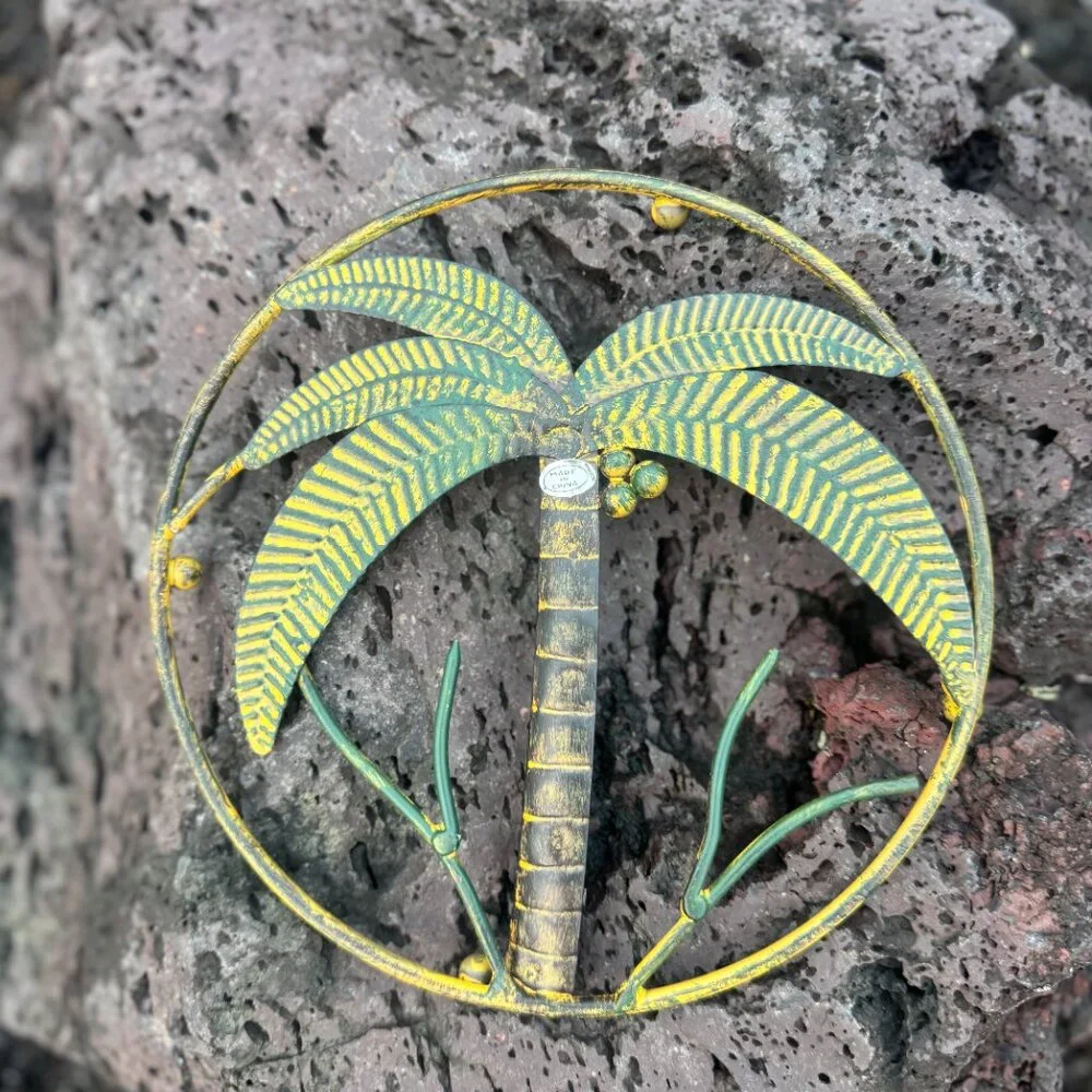 Vintage Palm Tree Metal Wall Art & Holder Set NWOT Tropical Coastal Decor